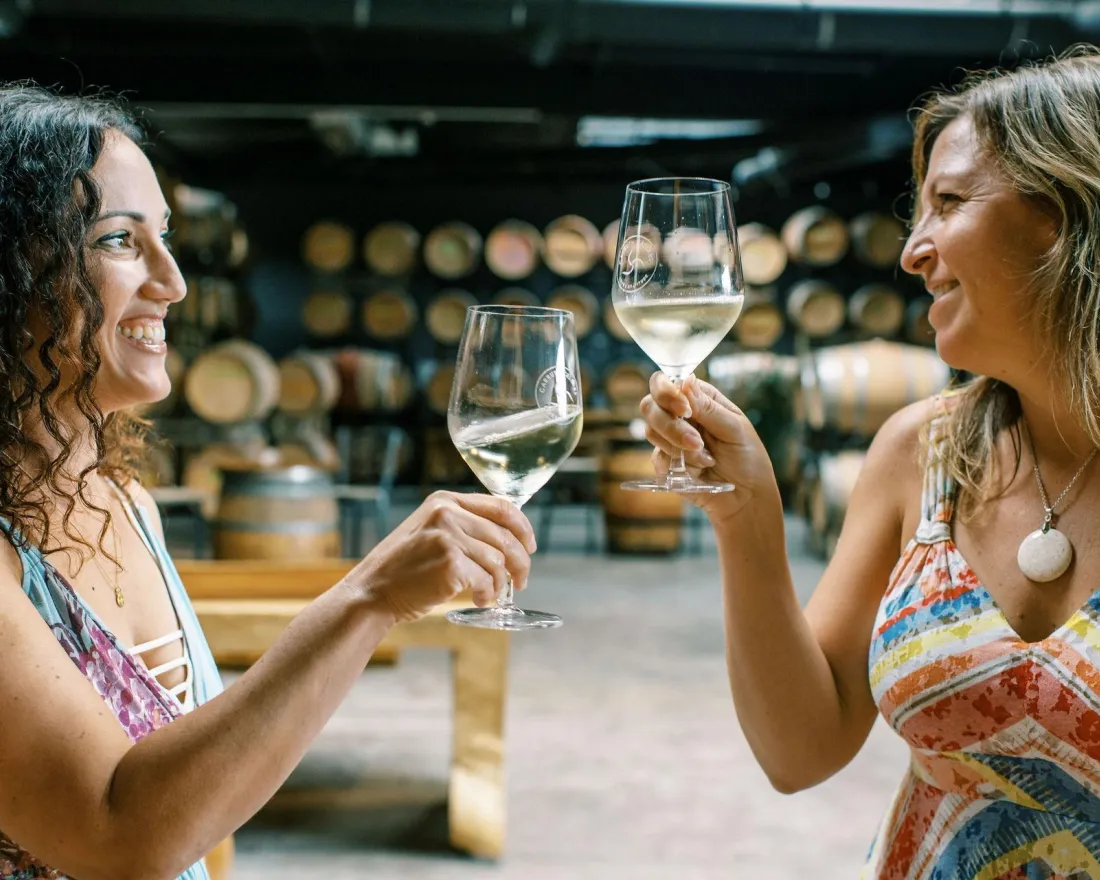 Two women clink wine glasses, smiling in a rustic winery with wooden barrels in the background at Carruth Cellars in San Diego.