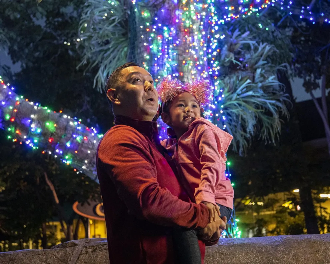 A man holds a girl against a backdrop of a brightly lit tree at night. at the San Diego Zoo 