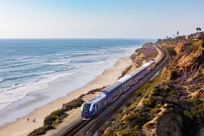 Pacific Surfliner Amtrak train heading south to San Diego with a gorgeous view of the water