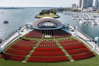 Aerial view of the Rady Shell concert venue located on the San Diego Bay in Downtown San Diego