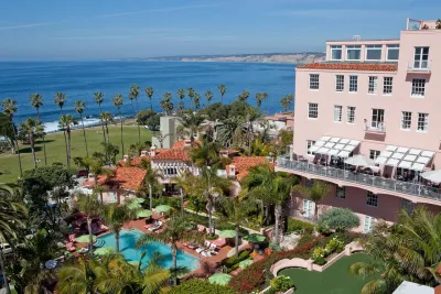 Pink La Valencia Hotel in La Jolla overlooking Pacific Ocean in San Diego, CA