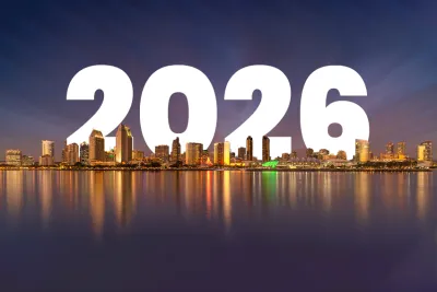 San Diego Skyline with lights in holiday colors with 2026 superimposed over the sky