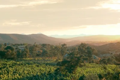 A view of sunset over the mountains and valleys in the beautiful wine country of Ramona, near San Diego, CA
