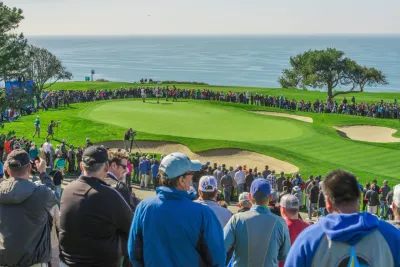 The golf course at Torrey Pines during the Farmers Insurance Open, with the pacific ocean in the background in San Diego