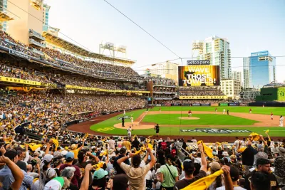 Petco Park packed with fans for a San Diego Padres game downtown on a sunny day in San Diego
