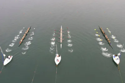 Rowers rowing their boats on Mission Bay in San Diego