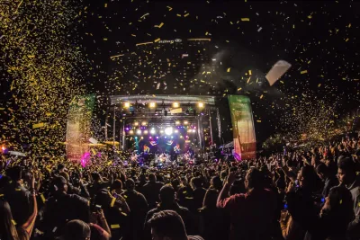 A lit up stage during a performance at Wonderfront Music & Arts Festival in San Diego