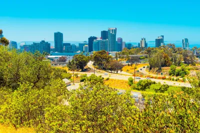 A view from the Golden Hill neighborhood of San Diego, showing brightly covered foliage and skyscrapers in the background.