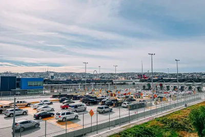 A view of cars lined up at the U.S.-Mexico border crossing at Otay Mesa near San Diego.