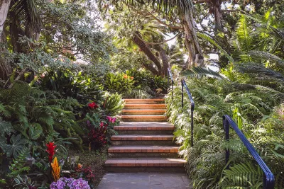 Stairs leading through gardens at Self Realization Fellowship Meditation Gardens in Encinitas of San Diego, CA