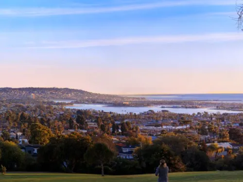 Grassy hill at sunset in Kate Sessions Park in Pacific Beach neighborhood of San Diego, CA