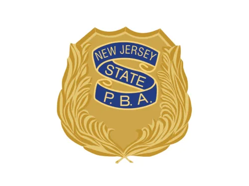 A gold police badge with blue ribbons displaying the text "New Jersey State P.B.A." on a white background.