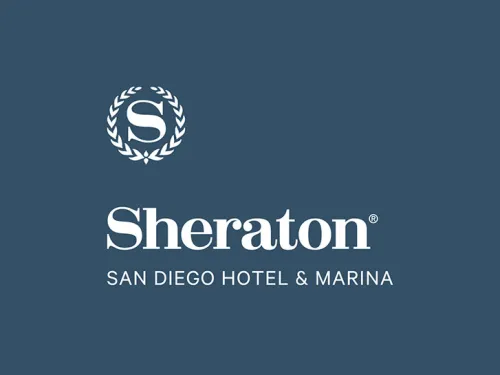 Sheraton San Diego Hotel & Marina logo on a blue background with a white "S" inside a laurel wreath above the hotel name.