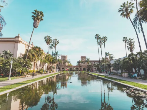 A rectangular reflecting pool lined with palm trees and historic buildings under a clear blue sky, with people walking and sitting along the edges at Balboa Park in San Diego.