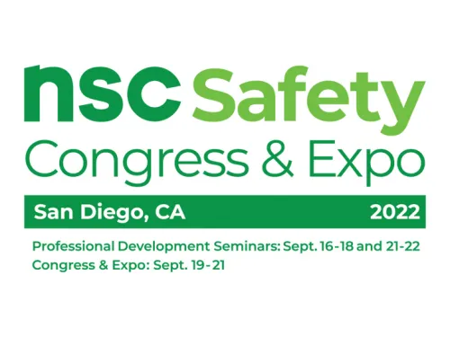 NSC Safety Congress & Expo 2022 logo with event details: San Diego, CA. Seminars: Sept. 16-18 & 21-22; Congress & Expo: Sept. 19-21.