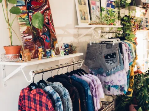 A clothing rack with plaid and denim shirts under a shelf holding art, plants, and decorated shorts in a colorful and eclectic boutique setting.