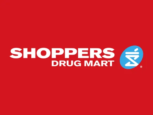 Shoppers Drug Mart logo with bold white text on a red background and a blue icon of a mortar and pestle on the right.