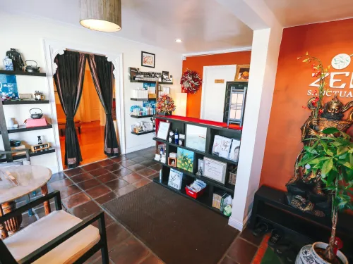 Lobby of Zen Sanctuary with calming trees and products to purchase