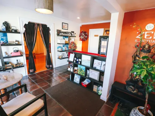 Lobby of Zen Sanctuary with calming trees and products to purchase