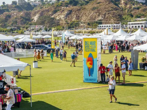 Aerial view of the Grand Tasting of the Del Mar Wine and Food Festival on a bright sunny day