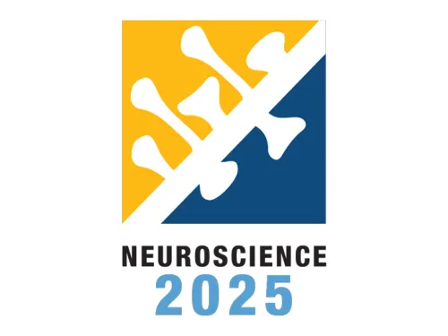 Logo with stylized neuron graphics divided diagonally between yellow and blue, with text "Neuroscience 2025" below.