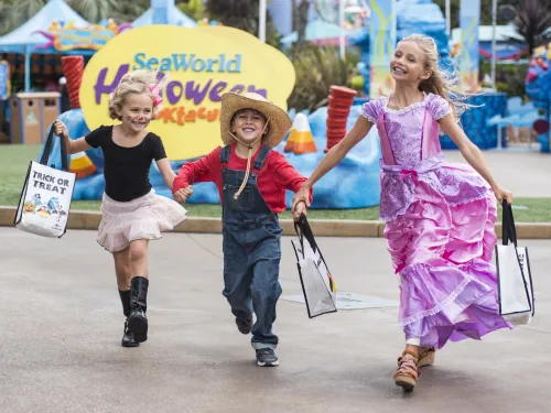Three kids walking down the street at SeaWorld San Diego in costumes during Spooktacular