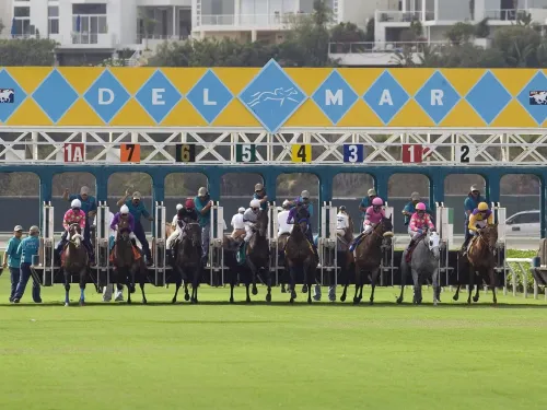 Horses and jockeys burst out of the starting gate at Del Mar racetrack, with numbered stalls and a colorful sign visible above.