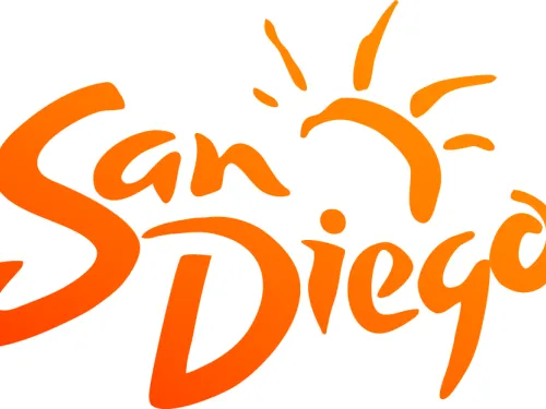 The image shows the words "San Diego" in orange, stylized script with a sun illustration above the text.