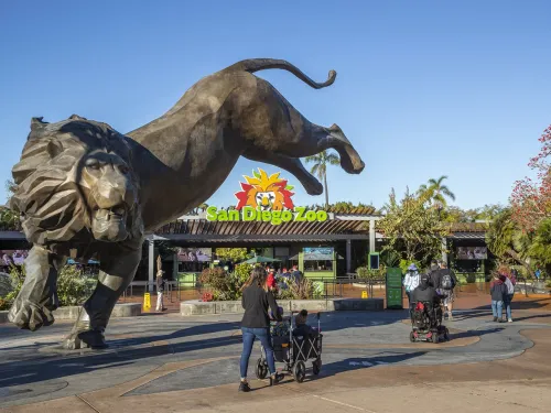 Visitors approach the entrance of the San Diego Zoo, featuring a large leaping lion statue and the zoo's colorful logo sign overhead.