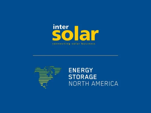 Inter Solar and Energy Storage North America logos on a blue background, with stylized map of North America made of green and yellow stripes.