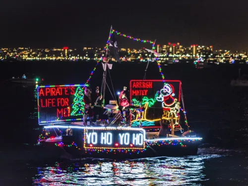 A boat decorated with colorful pirate-themed lights and signs reading "A PIRATE'S LIFE FOR ME," "ARRGH MATEY," and "YO HO YO HO," floats on water at night with a city in the background.