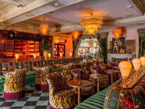 Eccentric animal print and colorful decor in the Lafayette Hotel lobby