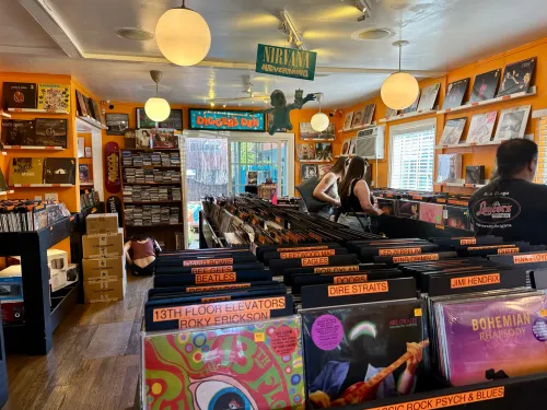 A record store packed with colorful vinyl in the South Park neighborhood of San Diego, CA