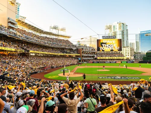 Petco Park packed with fans for a San Diego Padres game downtown on a sunny day in San Diego