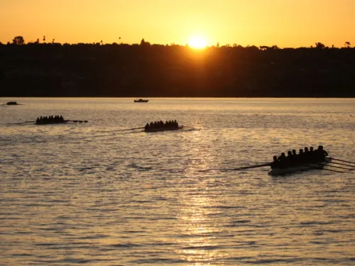 Rowing teams practice on a calm body of water at sunset, with the sun low in the sky and silhouettes reflected on the water’s surface.