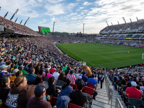 A view of crowds cheering from the stands during a game at San Diego's Snapdragon Stadium.