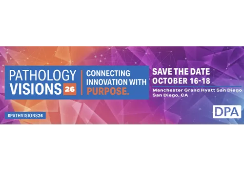 Colorful banner for "Pathology Visions 2024" with event details and logo.