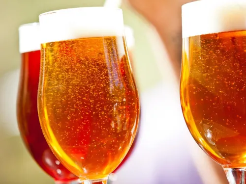 Three glasses of beer with golden hues and frothy tops, set against a blurred background.