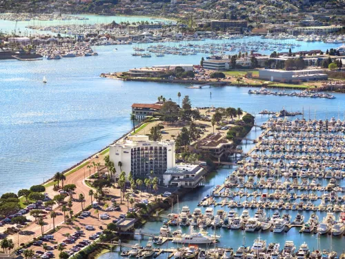 Aerial view of a marina with numerous boats and a waterfront area, surrounded by greenery.