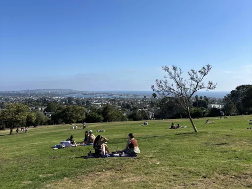 People relax on a grassy hill at Kate Sessions Park in the Pacific Beach neighborhood of San Diego, under a clear blue sky with a distant view.