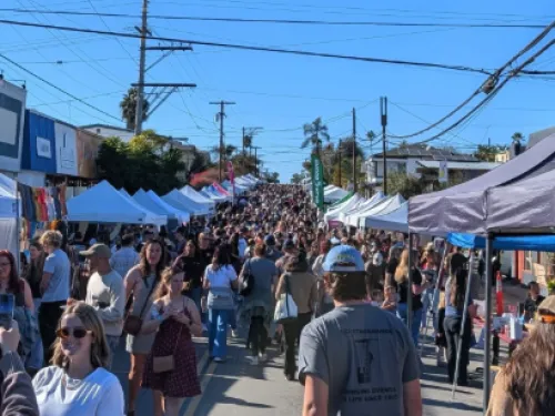A large group of people walking up and down the street in North Park on a sunny day in San Diego during the SoNo Chili Cook Off 