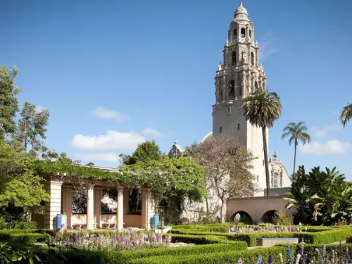 California Tower standing tall above gardens of Balboa Park in San Diego, CA