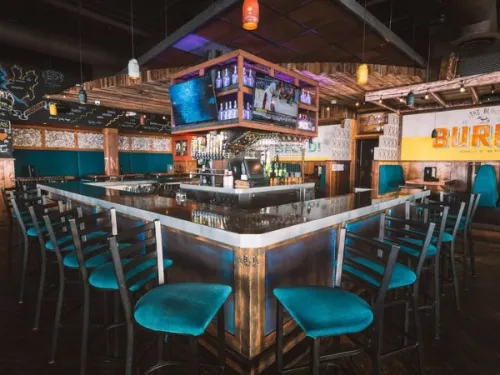 Bar of empty seats at The Blind Burro in Gaslamp Quarter neighborhood of San Diego, CA