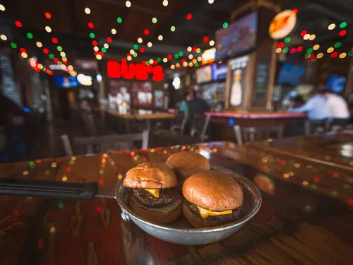 Burgers on a table in the San Diego restaurant Bub’s at the Ballpark