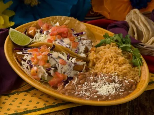 Plate of tacos and beans in Old Town's neighborhood of San Diego, CA