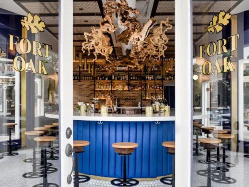 Doors open leading into Fort Oak restaurant in San Diego