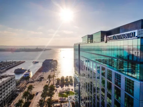 Sun glaring at the InterContinental San Diego facing San Diego Bay