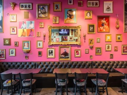 Wall of photos at Lucha Libre Taco Shop on Washington Street in San Diego, CA