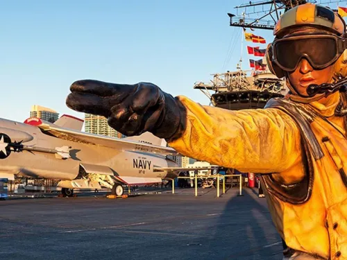 The huge aircraft carrier of USS Midway Museum in San Diego Bay