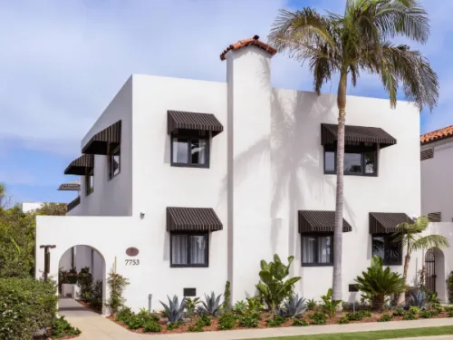 Outside of the white boutique hotel of Orli La Jolla